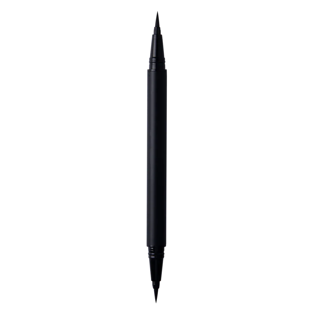 Dual-ended black eyeliner pen with fine tip and brush tip on black background