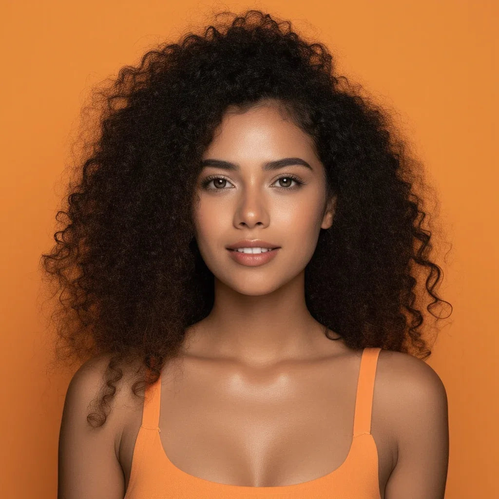 Portrait of a young woman with voluminous curly hair wearing an orange tank top against an orange background