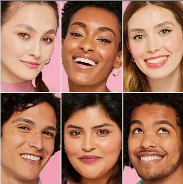 Collage of six smiling diverse young adults showcasing natural makeup and radiant skin on pink background