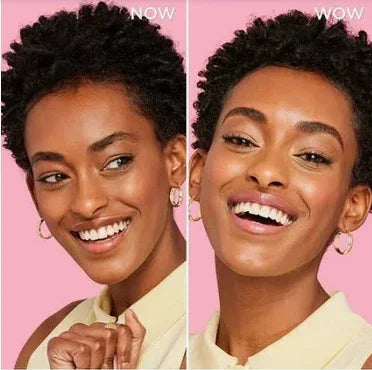 Before and after beauty comparison of a smiling woman with natural curly hair and gold hoop earrings against pink background